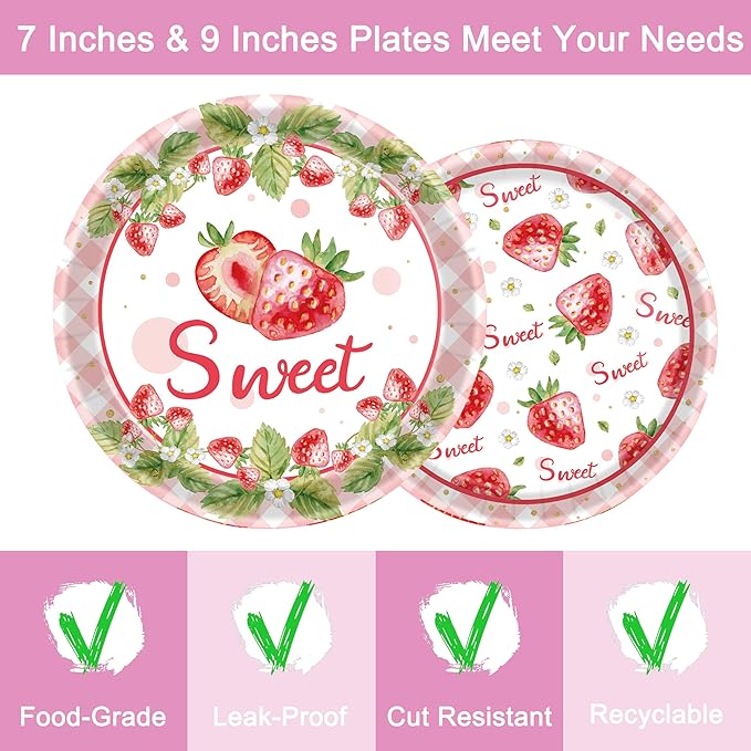 96 Pcs Strawberry Plates and Napkins Party Supplies, Disposable Forks Summer Fruit Paper Dessert Tableware Decorations Birthday Table Dinnerware Favors Set, Serves 24