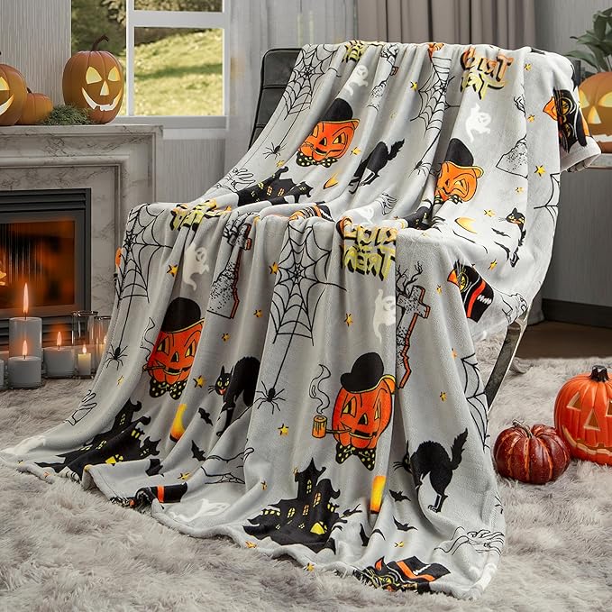 Pumpkin Halloween Throw Blanket 50” x 70” Reversible Castle Cat Bat Print Fleece Throw Blanket, 320 GSM Surper Soft Warm Cozy Blanket for Couch Sofa, Halloween Harvest Gifts and Orange Home Decor
