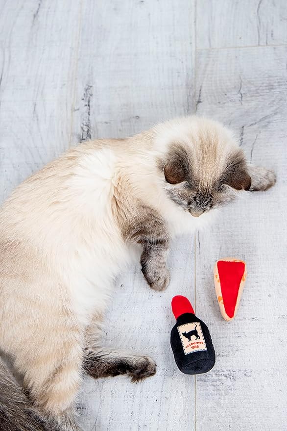 Pearhead Pet Cheese and Wine Plush Cat Toys, Set of 2, Valentine's Day Dog Toys, Wine and Cheese Catnip Toys, Crinkle Cat Toys, Cat Owner Valentine's Day Keepsake