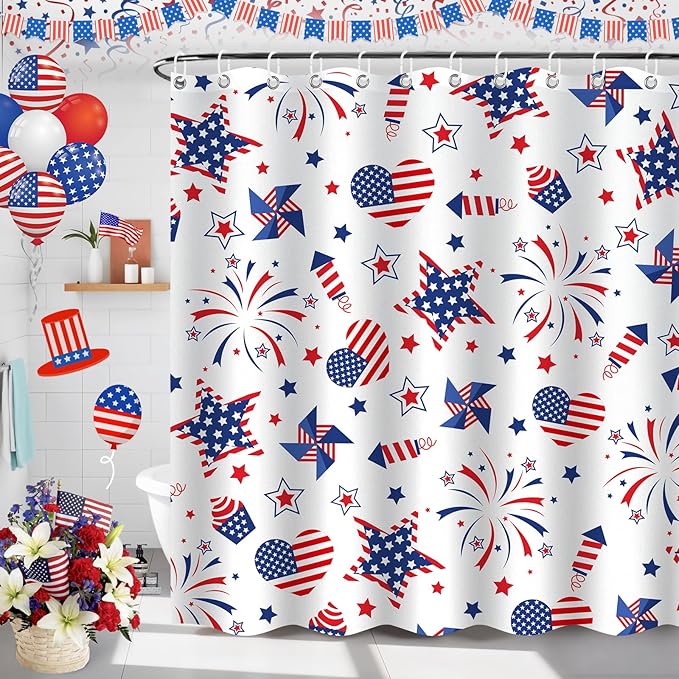 4th of July Waterproof Shower Curtain Set - Standard 71 x 71 inch, American Star Fireworks Independence Day Waterproof Fabric Shower Curtain with 12 Hooks, Bathroom Accessories, 1 Panel