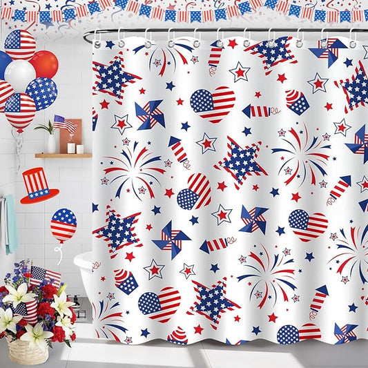 4th of July Waterproof Shower Curtain Set - Standard 71 x 71 inch, American Star Fireworks Independence Day Waterproof Fabric Shower Curtain with 12 Hooks, Bathroom Accessories, 1 Panel