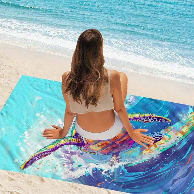 WZOMT Microfiber Turtle Beach Towel Oversized, Funny Sea Turtle Surfing Blue Ocean Pool Towel, Quick Dry Animal Print Bath Towel, Soft Absorbent Towels for Swim Travel Yoga Sports 32x52 Inch