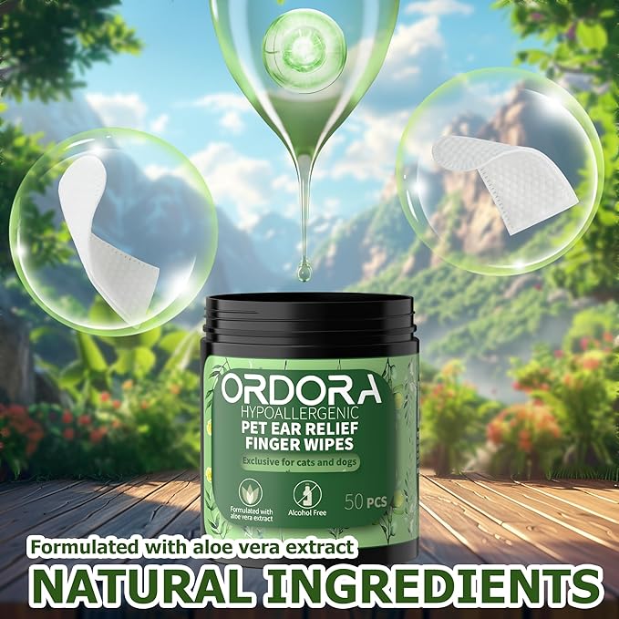 ORDORA PET Ear Finger Wipes for Dogs & Cats - Gently Remove Ear Wax, Debris - Sooths & Deodorizes - Relieve Ear Itching & Inflammation, Fresh Coconut Scent, All Natural Ingredients - 50 Pcs