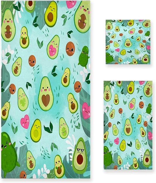 Cute Avocados 3 Piece Towel Bathroom Sets, 1 Bath Towel, 1 Washcloth, 1 Hand Towel, Cotton Fast Dry Soft Absorbent Towel Set for Home Kitchen Family
