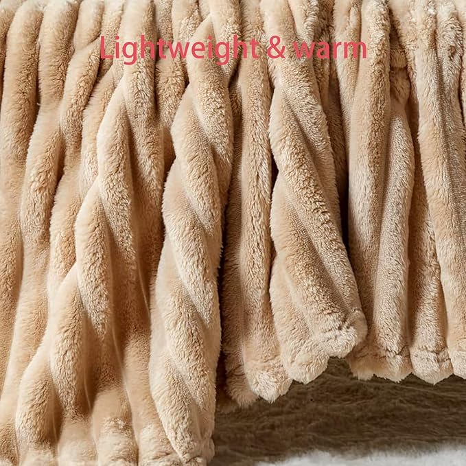 Fleece Fuzzy Throw Blanket, 3D Fleece Ribbed Jacquard Blanket, Cozy Soft Warmer Comfort Lightweight for All Season, Aesthetic Room Decor for Couch Sofa Bed, Gifts for Christmas, Birthdays, Camel