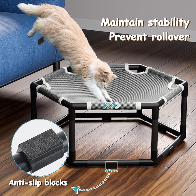 Tresbro Elevated Cat Hammock Bed, Hexagon Raised Cat Swing Bed for Indoor and Outdoor Use with Breathable Fabric & Anti-Slip Block, 23.6'' x 10.6'' x 12'' Pet Chair for Large to Small Kitty Cot