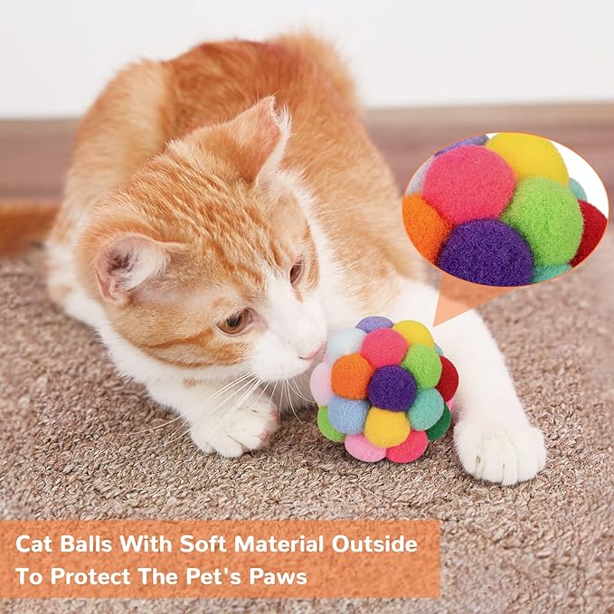 Retro Shaw Interactive Cat Toys for Indoor Cats Kittens,6 Pcs Cat Toy Balls with Bell Inside,Woolen Yarn Ball Kitten Toys for Bored Cats Pastime,Kitty Toys Fuzzy Ball with String