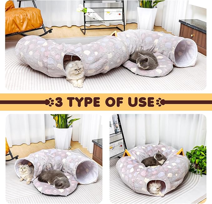 Large Cat Tunnel Bed for Indoor Cats - Soft Plush Peekaboo Cat Cave Donut Tunnel for Small Medium Large Cats, Kittens, Rabbit, Puppy