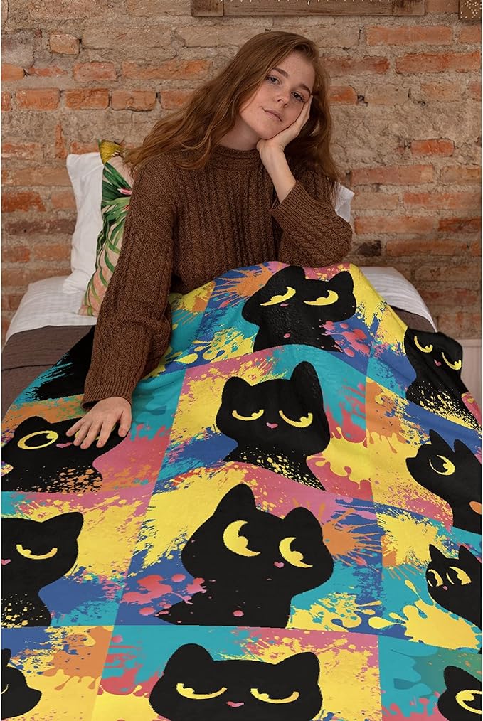 Cute Black Cats Blanket Throw Super Soft and Cozy Blankets for Home Decoration, Couch, Bed, Sofa 60 in x 50 in Medium for Teen for All Seasons