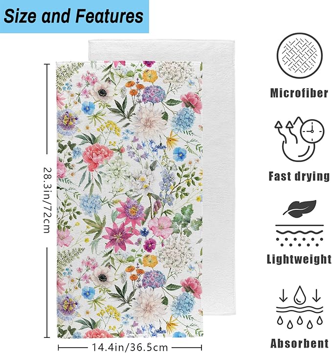 Colorful Flowers Botanical Leaves Hand Towel Set of 2,Watercolor Spring Floral Soft Absorbent Decorative Bathroom Kitchen Towel for Bathroom Kitchen Hotel Gym Yoga