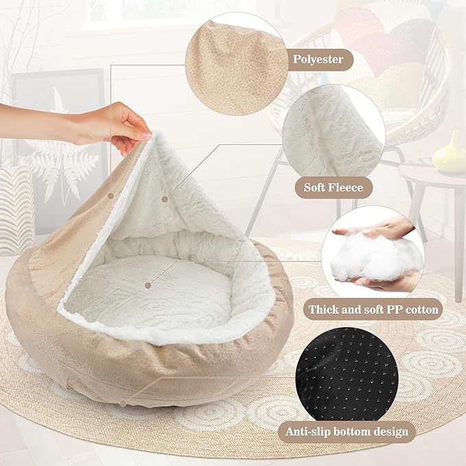 Dog Bed Warm with Hooded Blanket, Anti-Anxiety Puppy Pet Bed Cave Super Soft, Non-Slip Bottom, Machine Washable, Cozy Donut Indoor Pet Beds Fluffy for Dogs and Cats, Fits up to 26.5lbs, 23.6inch Beige