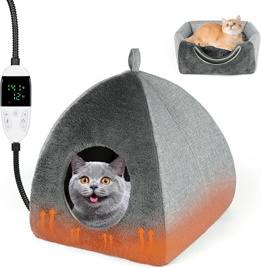 Rypet Heated Cat Bed Cave, Adjustable Temperature Heated Pet Bed Indoor with Timer and Timer, Indoor Cat Cave Bed Cat House with Removable Washable Cushioned Pillow and Chew Resistant Cord Update