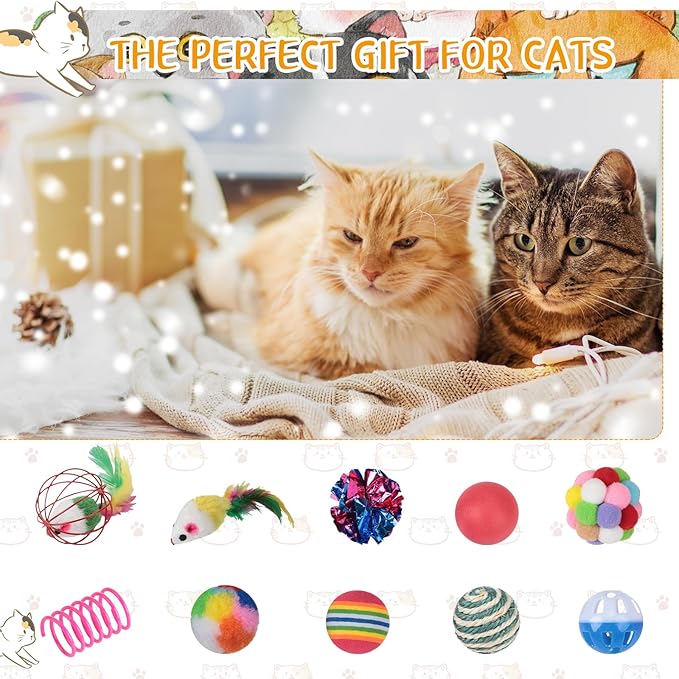 Shappy 150 Pcs Cat Toys Bulk Pack Cat Toy Gift for Christmas Include Mice Rainbow Balls Lattice Balls Sisal Balls Table Tennis Balls Plush Balls Springs Crinkle Balls Caged Bell Balls