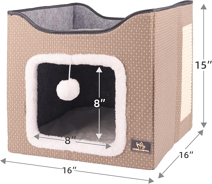 Cat Bed for Indoor Cats,Medium Large Cats Cave Bed,Machine Washable Slip Resistant Bottom,Ultra Soft Plush Cushion (Beige House)