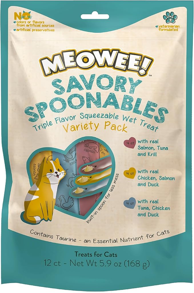 Savory Spoonables Variety Pack, 12 Count Tube, Triple Flavor Squeezable Lickable Wet Treats for Cats with Built-in Spoon for Less Mess