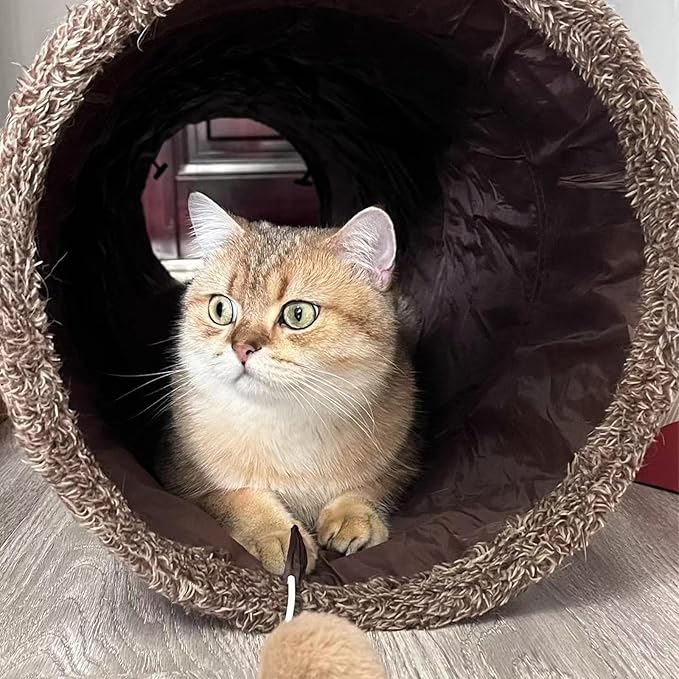 ZENFUN 51"x 12" Collasiple Cat Play Tunnel, Cat Tubes and Tunnels, Cat Foldable Hide and Seek Tunnel Toy, Brown Suede Pet Tube Toy for Rabbits, Ferrets, Puppy, Diameter 12 Inch