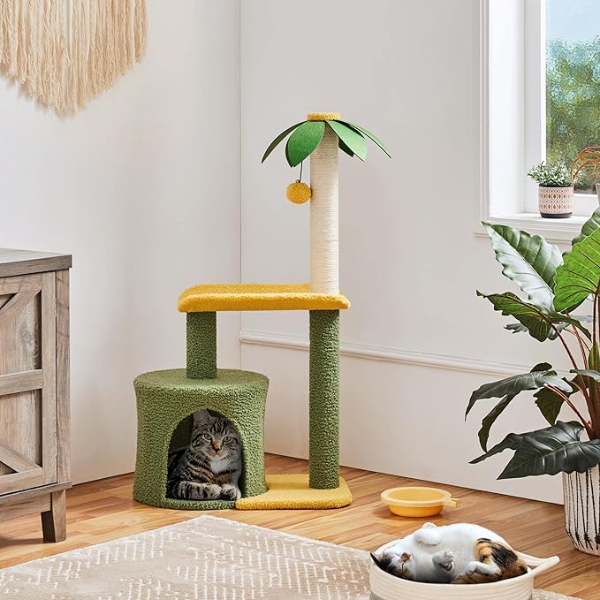 Yaheetech Cat Scratching Post, 37in Cute Coconut Palm Cat Scratcher w/Natural Sisal Rope, Coco Leaf, Dangling Pompom, Bending Perch, Cozy Condo Cat Scratching for Indoor Cats, Green/Yellow
