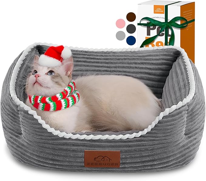 Cat Dog Bed for Pets, Rectangle Pet Bed Gift for Puppy and Kitten, Machine Washable Calming Fluffy Pet Couch Sofa for Indoor Outdoor, Portable Soft Cat Bed with Non-Slip Bottom (Small, Grey)