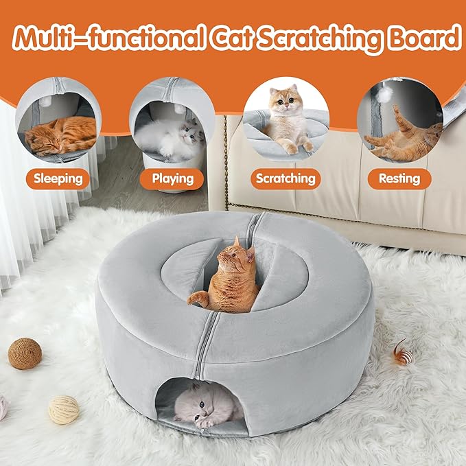 BALAPET Cat Tunnel Bed for Indoor Cat with Cat Scratch Lounge, Tent, and Plush Ball, Scratch Detachable & Washable Tunnel Bed 2-in-1 Cat Toys Collapsible Tunnel for Cats Dog Ferret Rabbits