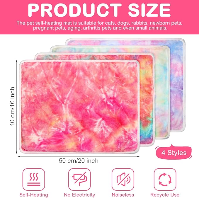 4 Pack Self Heating Cat Bed Cat Self Warming Pad with Removable Cover Extra Warm Thermal Pet Pad Washable Pet Crate Mat Anti Slip Kennel Pad for Indoor Outdoor Pets(Tie Dye,16 x 20 Inches)