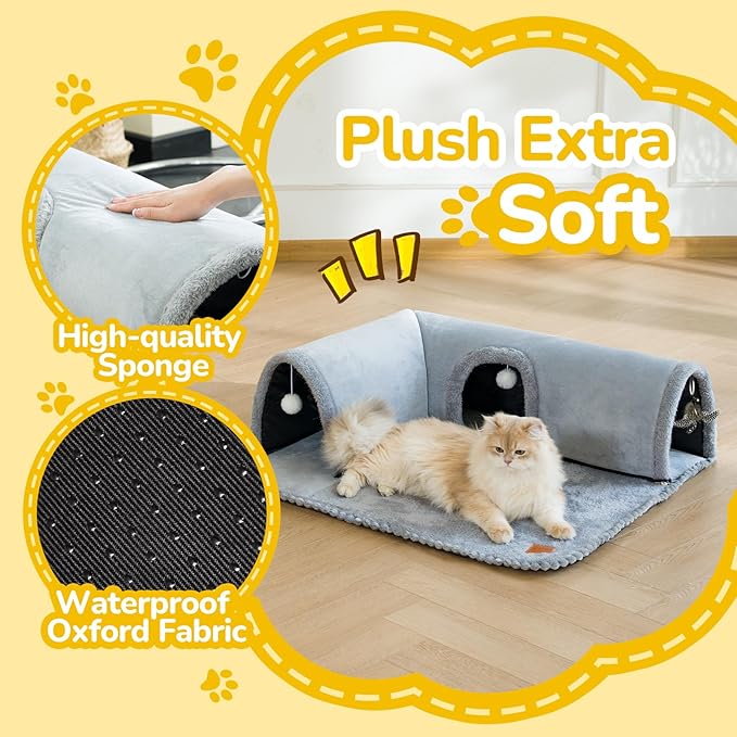 CATISM Cat Tunnel Bed, Cat Carpet Tunnel, Cat Tunnels for Indoor Cats, Cat Tunnel Rug, Detachable Cat Tunnel, Cat Bed Tunnel, Cat Tube 3 Ports + 2 Ceiling Balls + 1 Removable Feather Toys for Cats