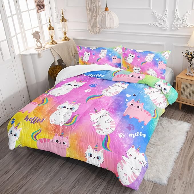 Axolotl Cat Bedding Full Cartoon Comforter Set, Rainbow Printed Kids & Adults Bedding Set, All Season, 1 Quilt 2 Pillow Cases, Colorful Pink Blue