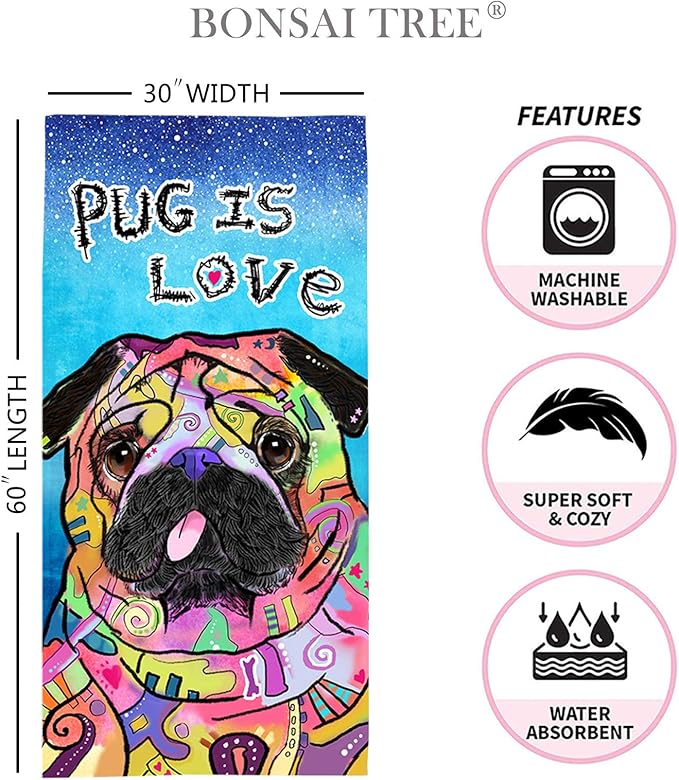Bonsai Tree Pug Beach Towel, Cute Puppy Dog Themed Microfiber Bath Towel Gifts for Pug Lovers, Funny Abstract Trippy Sand Free Quick Dry Travel Towels for Kids Yoga Sports 30" x 60"