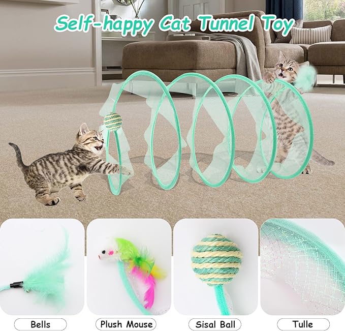 2 Packs Folded Cats Tunnel Spring Toy, Kitten for Indoor Cats Collapsible Cute Tunnel Foldable Pet Played Bed Interactive Toy with Feather Mouse Hemp Ball Green Elastic Tubes Attract Cat