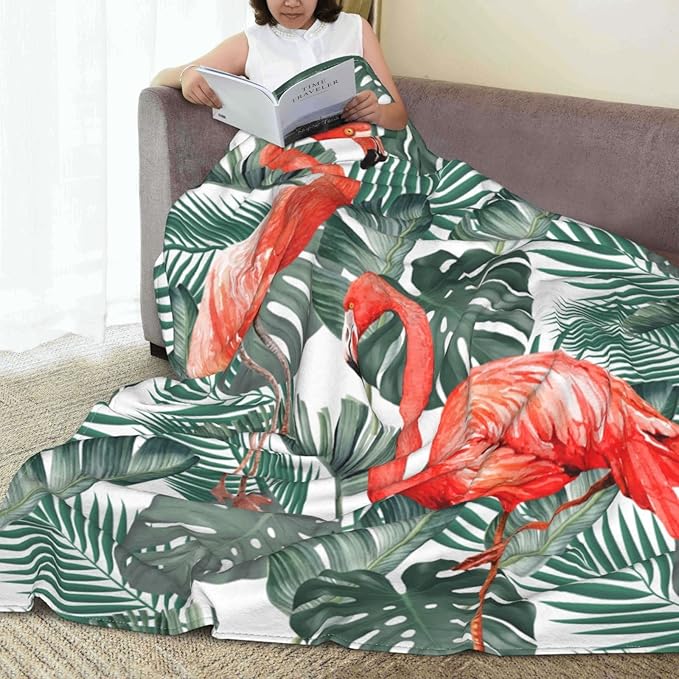 Fuzzy Throw Blanket 350 GSM Fleece Ultra-Soft Microfiber Blanket for Adults Kids Gift Couch, Sofa, Bed Pink Flamingo Palm 60"x50"