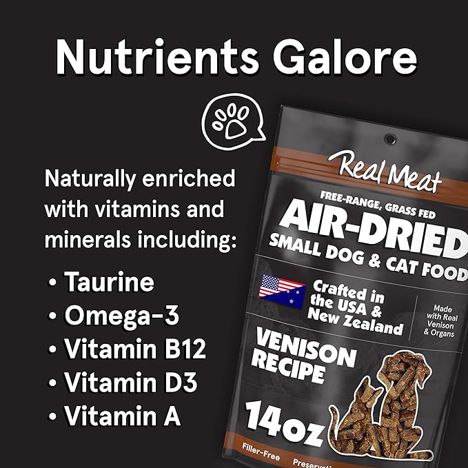 Real Meat Air Dried Cat Food & Dog Food w/Real Venison - 14oz of USA-Crafted Grain-Free Dry Dog & Cat Food Sourced from Free-Range, Grass-Fed Venison - All Natural, High Protein Pet Food