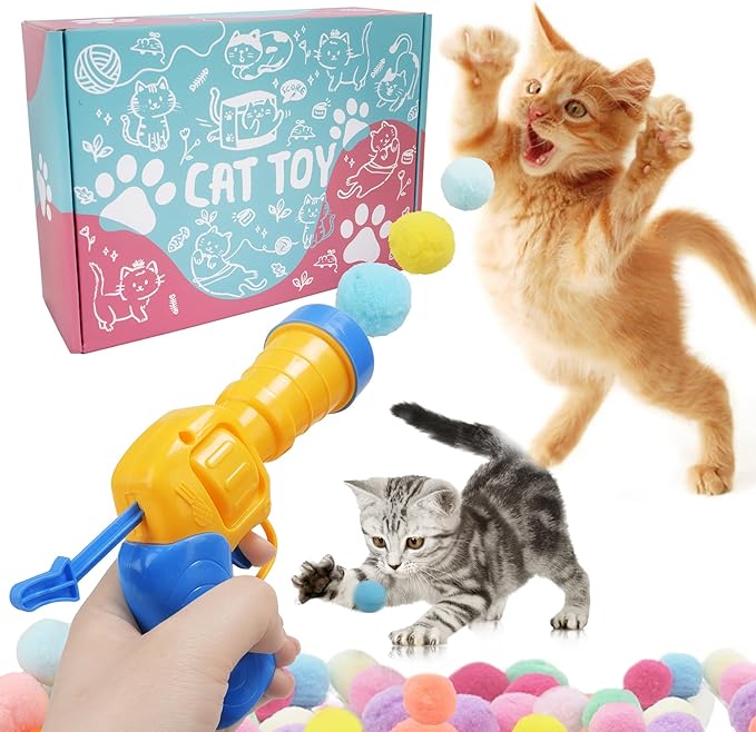 Mewlmart Cat Toys Interactive for Indoor Cats Kitty Toys Cat Toys for Indoor Cats Self Play Cat Ball Toy Pom Pom Balls Plush Ball Launcher for Cats Puff Balls Cat Enrichment Toys 30 Balls