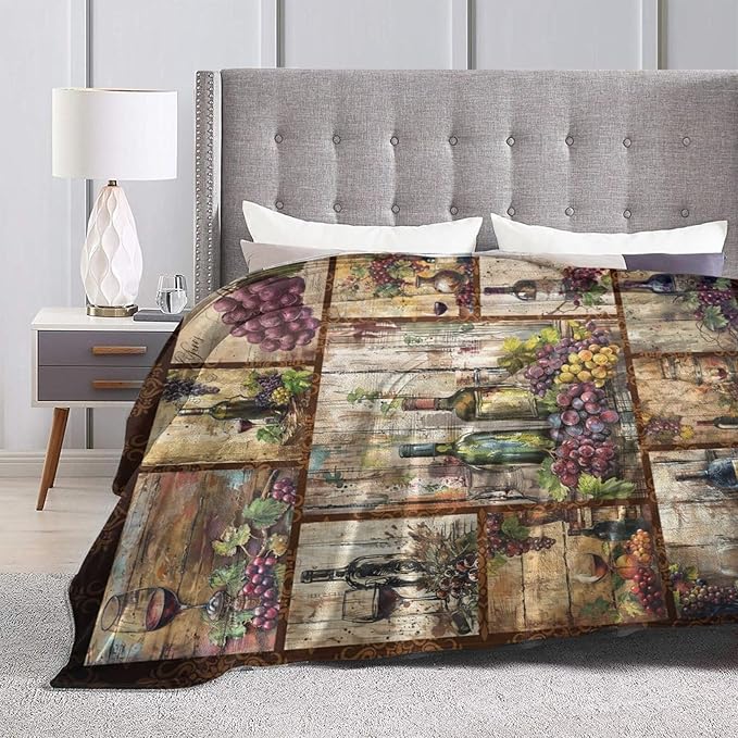 Wine Blanket Retro Wine Throw Blanket Wine Grape Stuff Merch Cozy Print Flannel Fleece Soft Plush Fuzzy Warm Lightweight Bedding Wine Gifts for Dad Women Girls Men 50"X40"