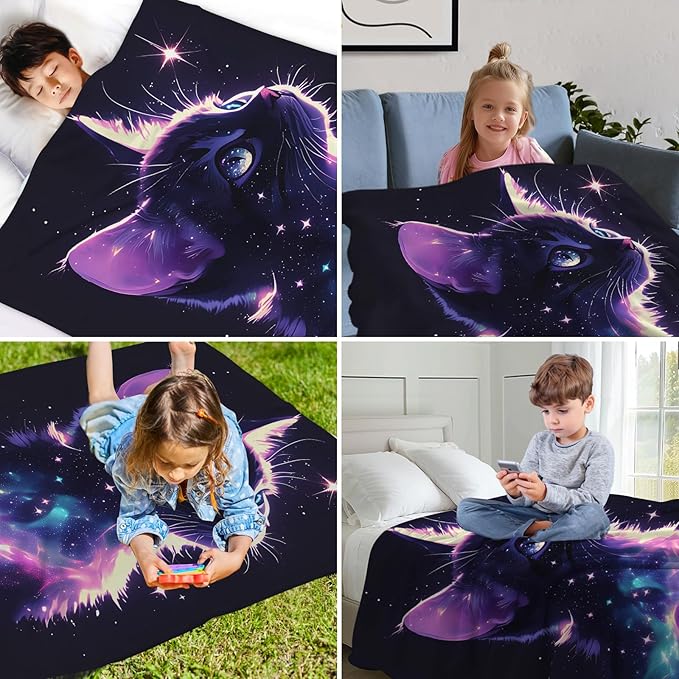 Cat Gifts Blanket, Cat Gifts for Women Girls Kids Cat Lovers, Black Cat Gifts, Cat Mom Gifts, Funny Galaxy Cat Blanket, Pink Purple Space Cat Sparkle Starry Stars,50"x40"