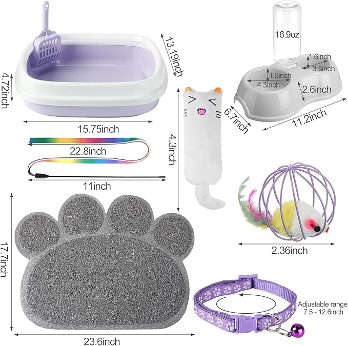 7 Pcs Small Cat Kitten Starter Kit Cat Litter Box with Shovel Cat Paw Litter Mat Double Automatic Cat Bowls Cat Toy Teaser Stick Cat Collar Essentials Kits for 1-3 Lbs Beginner (Purple,Stylish)