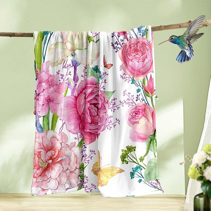 Floral Throw Blanket for Girls Women Watercolor Flowers Blanket Soft Fuzzy Flannel Bed Blanket Plush Floral Birthday Gifts for Women Mom Kids Adults, 50”x60”