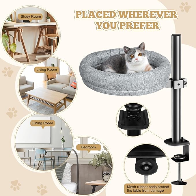 Cat Desk Bed, Desk Cat Nest Bed Round Cat Beds for Desk Indoor Cats up to 40 lbs, Comfortable Soft Pet Bed for Kitten, Cat Hammock for Desk 360° Rotation & Adjustable Height(Grey)