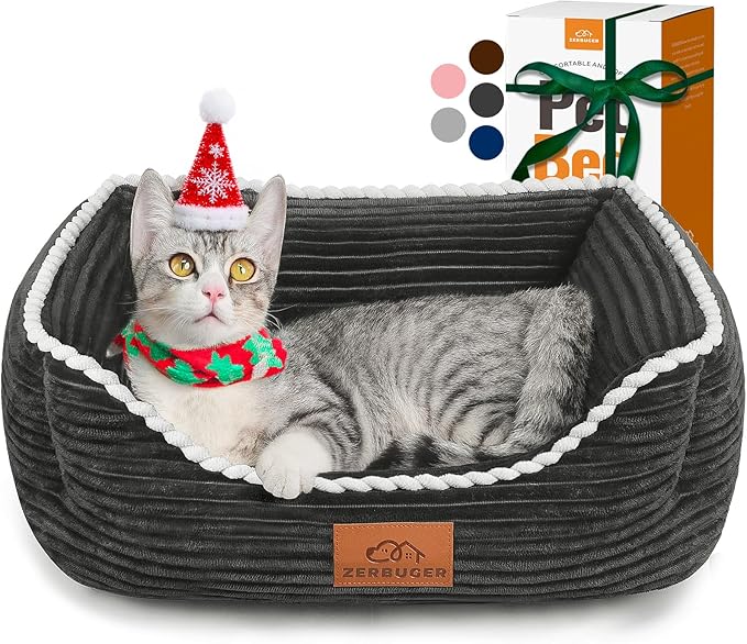 Cat Dog Bed for Pets, Rectangle Pet Bed Gift for Puppy and Kitten, Machine Washable Calming Fluffy Pet Couch Sofa for Indoor Outdoor, Portable Soft Cat Bed with Non-Slip Bottom (Small, Dark Grey)