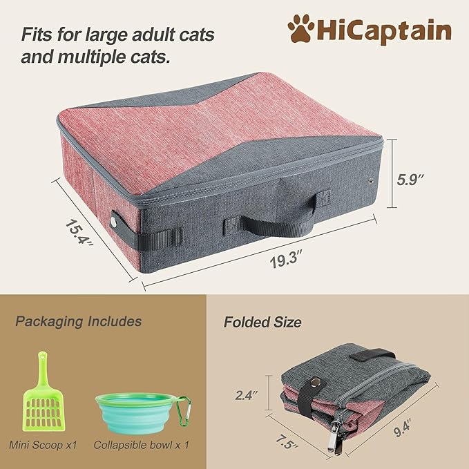 HiCaptain Portable Cat Litter Box with Lid and Handle Standard Lightweight Collapsible Litter Carrier for Cat (L,Pink/Gray)