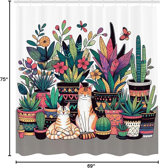 Ambesonne Cat Shower Curtain, Modern Illustration Flower Cactus and Plant Blooms Kitties Cozy Calm Drawing, Cloth Fabric Bathroom Decor Set with Hooks, 69" W x 75" L, Teal Pink and Purple