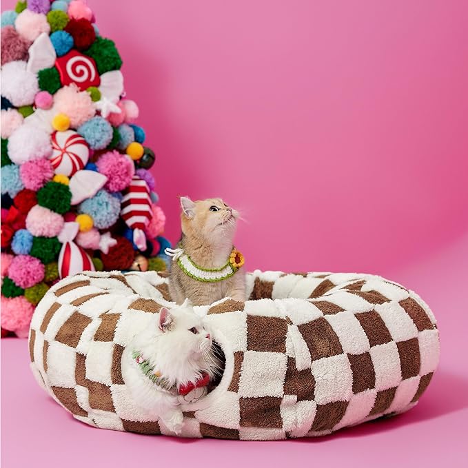 Lesure Cat Tunnel Bed for Indoor Cats - Cute Cat Donut Tunnel with Washable Circle Cushion, Round Pet Play Tunnel Toy for Kitten/Puppy/Rabbit,Brown