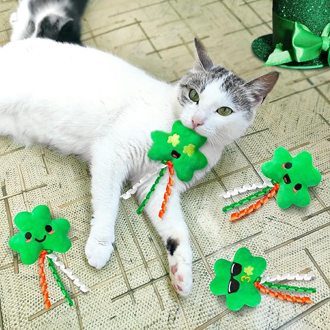 MALLMALL6 4Pcs Shamrocks Catnip Toys Gift for Cat, Indoor Cat Bite Kick Plush Catmint Pet Toys Supplies for Kitten Lover Gifts, Cute Teething Chew Relief Interactive Toy