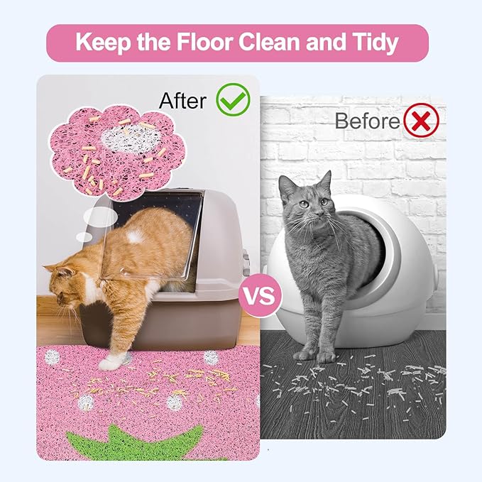 Bienbee Cat Litter Mat, 33.5x22.5in Cat Litter Mat Litter Trapping Mat Easy to Clean, Litter Box Mat with Bottom, Unique Graphic Design Cat Mats for Litter, Strawberry L