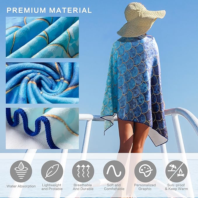 Ombre Blue Beach Towel, Mermaid Beach Tower Cotton Blend Soft Velour Beach Towel Absorbent Bath Towel for Kids Boys Girls Teens Men Women Camping Towel,Gym,Hiking, Pool, Bath, Yoga,Travel Vacation