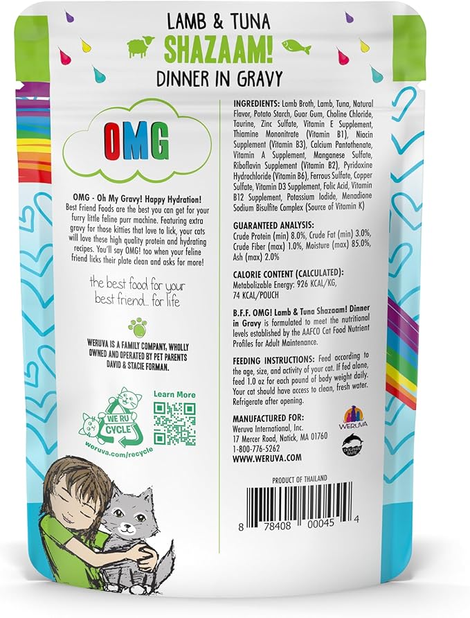Weruva B.F.F. OMG - Best Feline Friend Oh My Gravy!, Shazaam! with Lamb & Tuna in Gravy Cat Food, 2.8oz Pouch (Pack of 12)
