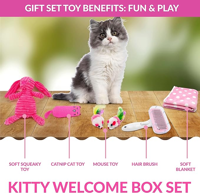 Cat Welcome Gift Set - Catnip Chew Toy, Cat Feather Mouses, Interactive String Teaser Wand, Yarn Ball, Squeaky Soft Toy, Cat Hair Brush, and Ultra Soft Blanket