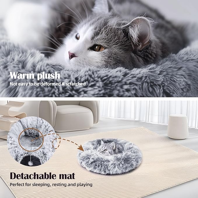 Odoland Cat Tunnels Bed with 20 Cat Toys for Indoor Cats, Plush Cat Couch Tunnel Bed for Kitten, Cat Cave Donut Tunnel - Detachable Soft Cat Bed and Variety Kitty Toy Set, White