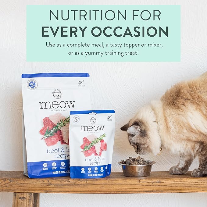 Meow Air Dried Cat Food - Beef & Hoki Recipe, High Protein Dry Cat Food Use as a Complete Diet, Topper, Mixer, or as Cat Training Treats, All Life Stages, 26.5 oz