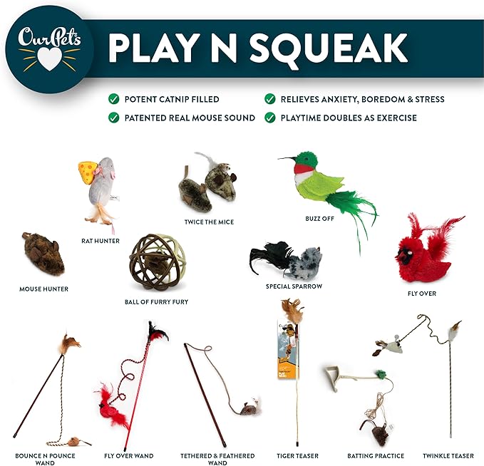 OurPets Play-N-Squeak Teathered & Feathered Play Wand Cat Toy, for All Breed Sizes