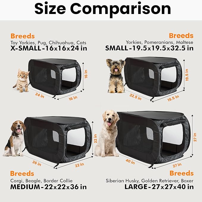 Beatrice Home Fashions Portable, Collapsible, Pop Up Kennel Travel Cat and Dog Crate, 24" L x 16.6" W x 16" H, Black