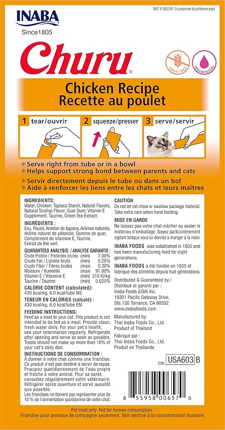 INABA Churu Cat Treats, Grain-Free, Lickable, Squeezable Creamy Purée Cat Treat/Topper with Vitamin E & Taurine, 0.5 Ounces Each Tube, 12 Tubes (4 per Pack), Chicken Recipe